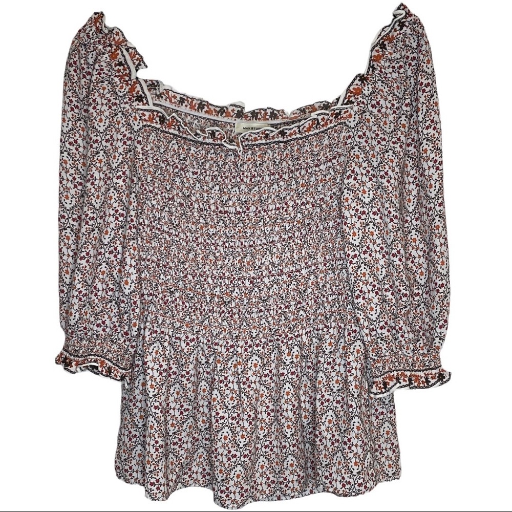 Max Studio Cottagecore Floral Print Rayon Smocked Elbow Sleeve Peasant Top - Picture 5 of 12
